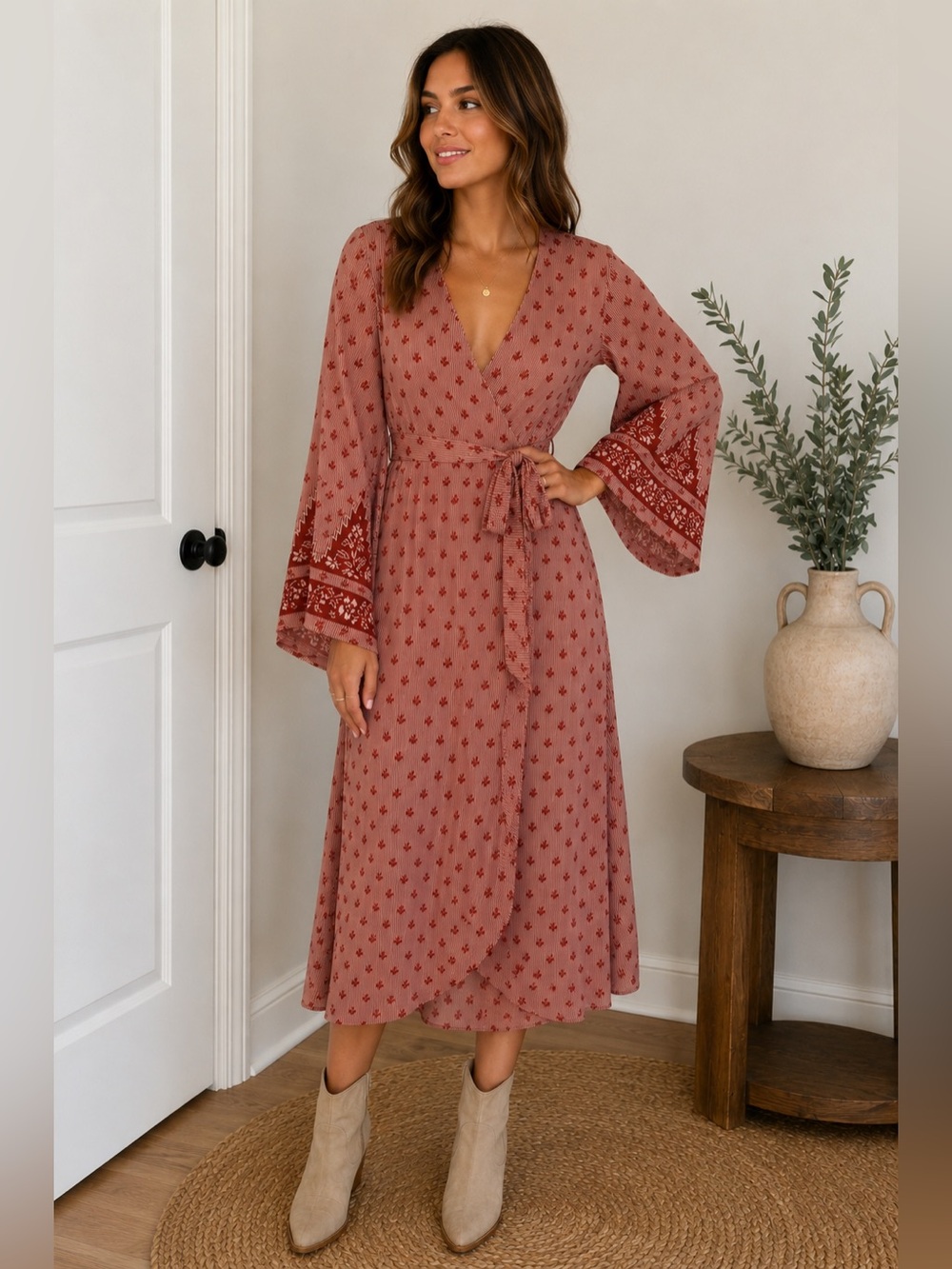 La Boheme Rose Rust Printed Wrap Maxi Dress